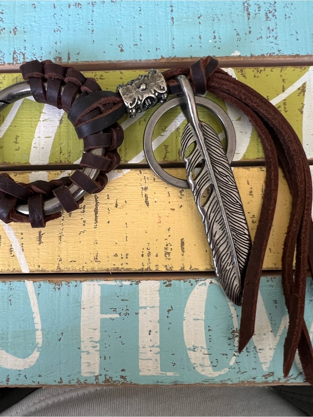 Leather Feather Keychain with Brown Fringe